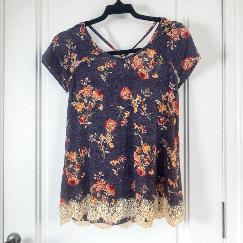 Rewind Navy Floral Women's Top with Lace Hem​